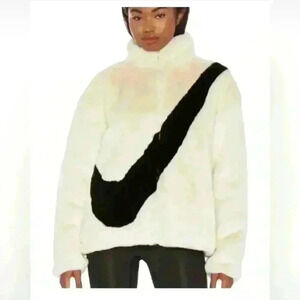 Nike Essentials Women's Off White Faux Fur Logo Full Zip Jacket S